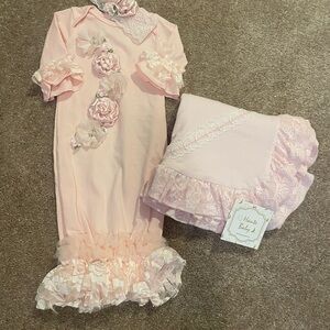 Pink Baby Gown and Blanket Set with Lace Details